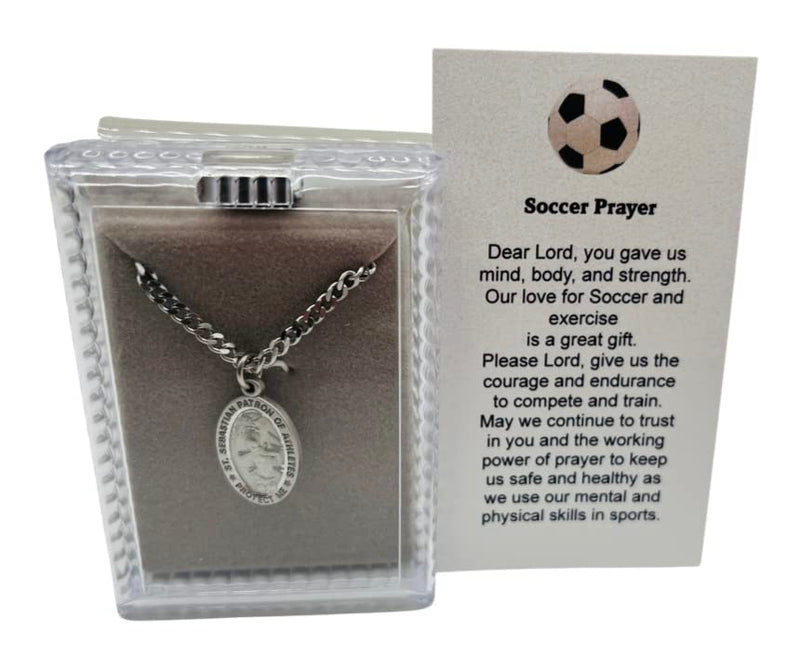 Westmon Works St Sebastian Soccer Medal Set with Pewter Pendant Medallion on a Stainless Steel Chain Prayer Card Boxed
