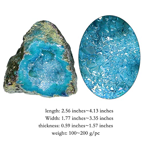 TUMBEELLUWA Titanium Coated Blue Crystal Cluster Geode for Home Decor Medium