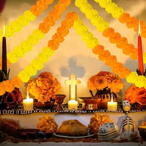 Marigold Garland for Decoration 5 Pcs of 5 feet Long Strands Artificial Marigold Flowers, Indian Décor for Pooja, Wedding Christmas, Events Diwali Decorations