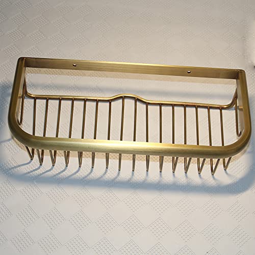 Brass Nokozan square shower caddy with wall-mounted bronze shelf and storage basket for bathroom organization.