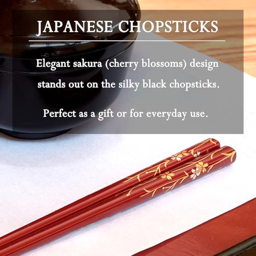 Wajima Urushi Lacquered Wooden Chopsticks & Rest Set in Gift Box: Red Sakura (Cherry Blossom) Chopsticks with Kurashiki Ribbon Rest [Made in Japan]