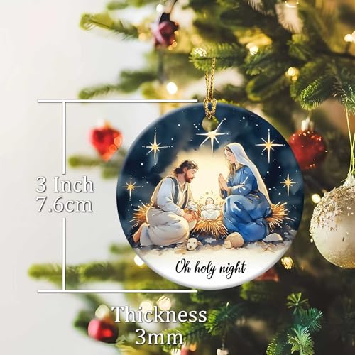 Oh Holy Night Ornaments Round Ceramic Birth of Jesus Mary Joseph Christ Ornament Christmas Keepsake Decor for Christmas Tree Winter Holiday Xmas Gift for Women Men Xmas Hanging Ornament 3" Nativity Night #H056