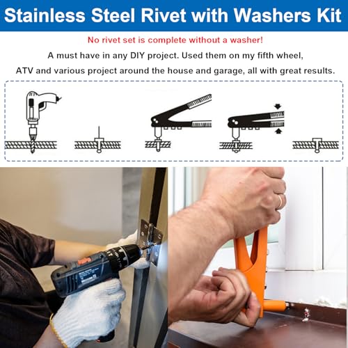 Seept 240-piece 304 stainless steel blind rivets with washers assortment kit in silver, seven sizes