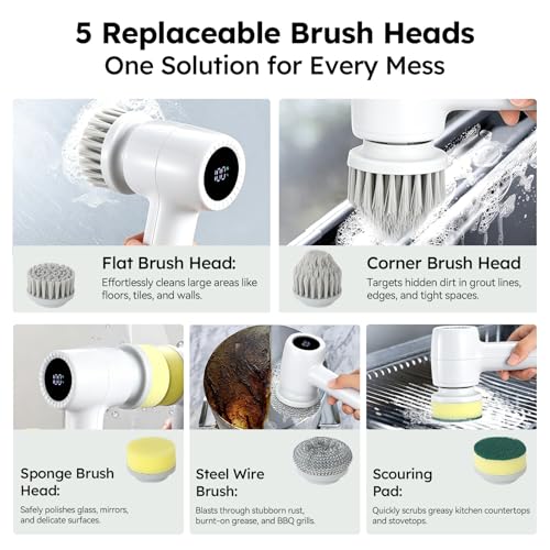 Electric Spin Scrubber Cordless, 5 In 1 Waterproof Cordless Electric Cleaning Brush with LED Display, Floor Scrubber with 2 Speeds 5 Brush Heads for Bathroom Tub Wall Kitchen Tile Car(White) White