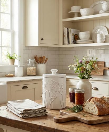 Ceramic Larger Swaying Flowers Kitchen Canister Airtight Coffee Canister For Ground Coffee Sugar Tea Storage Container White Cookie Jar For Kitchen Counter Kitchen And Bar accessories Holder Large