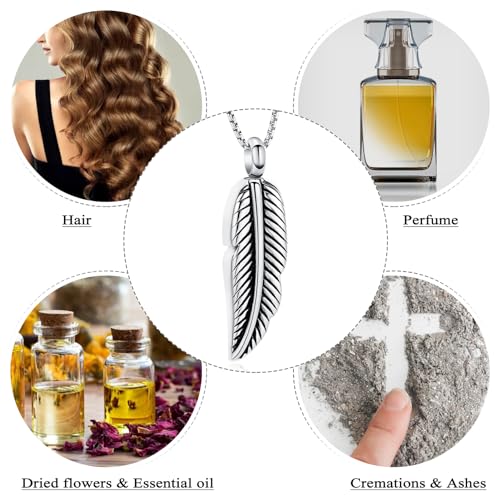Oinsi Stainless Steel Feather Urn Necklace Hold Cremation Ashes Keepsake Memorial Jewelry +Box+Fill Kits Silver Tone