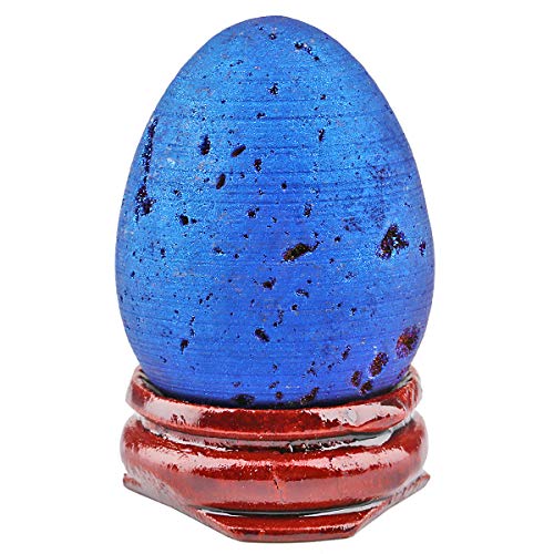TUMBEELLUWA Titanium Coated Druzy Geode Crystal Egg with Wooden Stand Deep Blue 1.6"x1.2"