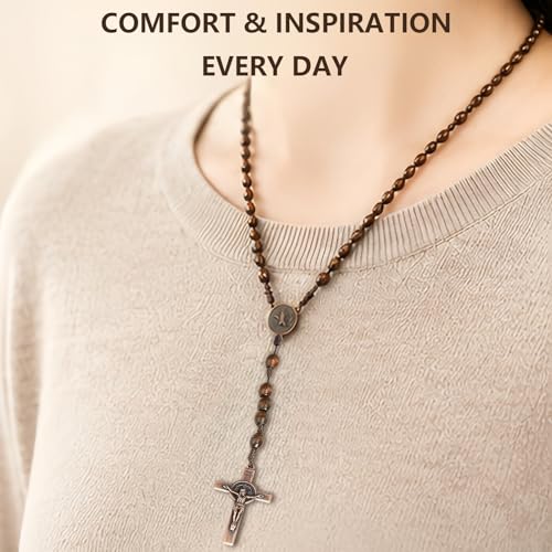 Natural Wood Catholic Rosary Necklace with Saint Benedict Medal