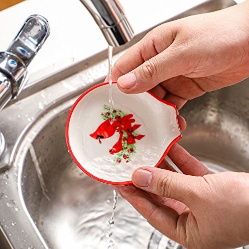 Willbond 4-piece ceramic Christmas cardinal spoon rests featuring winter bird designs, ideal for holiday kitchen decor.