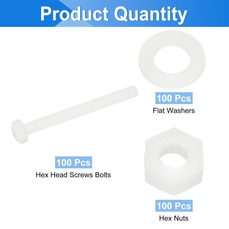[Australia - AusPower] - uxcell 300 Pcs/100 Sets Nylon Hex Bolts, M6 x 60mm Plastic Full Threaded Hex Head Screws Bolts and Nuts with Flat Washers for Machinery Electronics Industrial Accessories, White 