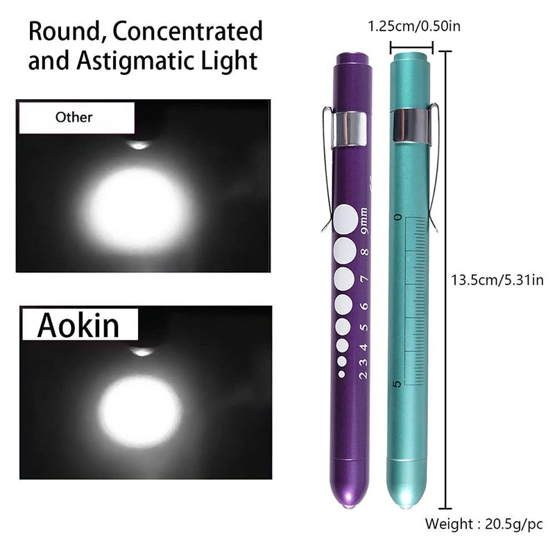 Aokin Pen Light with Pupil Gauge, Reusable LED Penlight Medical for Doctor Nurse Diagnostic etc, White Light, Purple and Teal