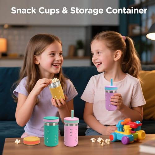 Tronco 4 Pack 15oz 2-in-1 Stainless Steel Kids Tumbler Cups with Silicone Sleeves, Spill-Resistant Flexible Straws & Storage Lids, BPA-Free Smoothie and Snack Cups, Dishwasher Safe Sea foam Green,Sky Blue,Mango Yellow, Orange Pack of 4