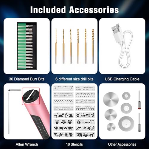 Engraving Pen, Glass Engraving Tool with 16 Templates for DIY Crafts (Pink) Pink
