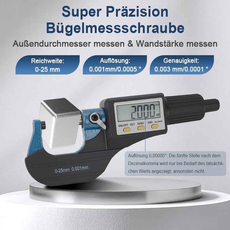 Beslands Digital Micrometer 0-1" / 0-25mm Electronic Display Gauge 0.00004" / 0.001mm Thickness Measuring Inch/Metric Diameter Caliper (with Extra Battery) 0-25 mm