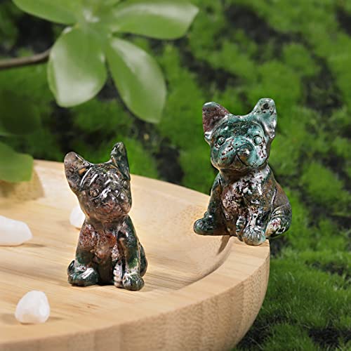 Nupuyai Pack of 2 Mini Rose Quartz Crystal Dog Statue Hand-Carved Pocket Stone Animal Sculpture Figurine Decor for Home Office Desktop, Moss Agate Multi-1