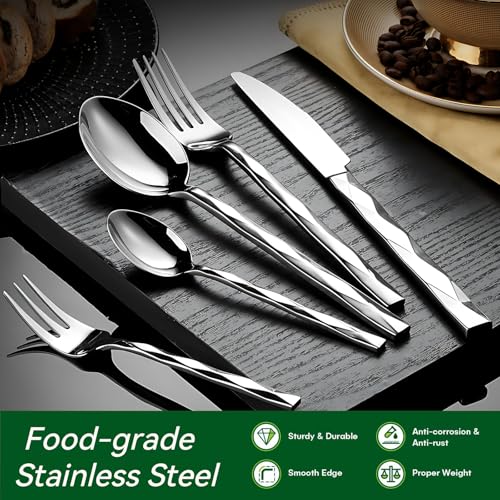 20 Piece Silverware Set, Stainless Steel Flatware Sets for 4, Mirror Polished Modern Design Cutlery Utensil Sets Include Dinner Knives Spoons and Forks for Home, Restaurant (Silvery-Diamond) Silvery-Diamond