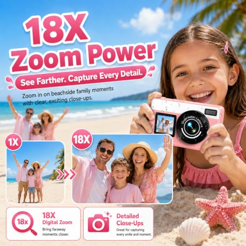 10FT Underwater Camera 4K 48MP Waterproof Digital Camera for Teens Pink