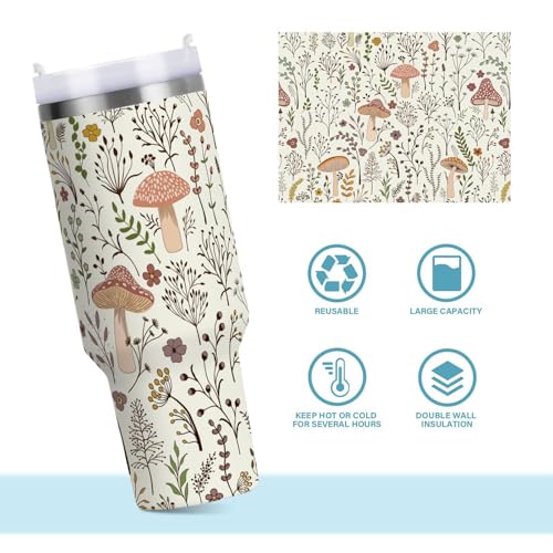 30 oz Tumbler with Straw & Handle - 2 in 1 Lids Leak Proof Tumblers - Large Insulated Stainless Steel Cup - BPA-Free Water Bottle Travel Metal Mug for Women Man, Cute Boho Mushroom Botanical Mushrooms Botanical Mushroom 30 Ounces