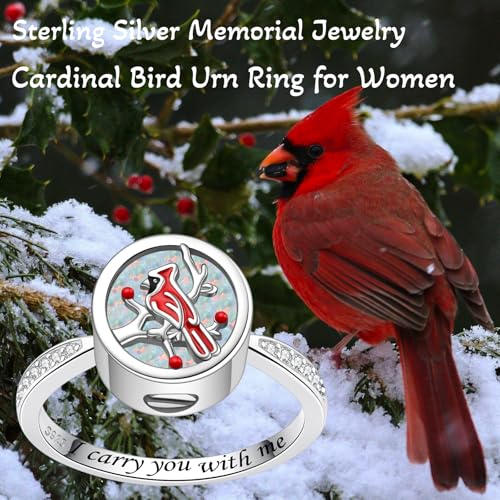 Circle Red Cardinal Urn Ring for Ashes - Sterling Silver Cremation Keepsake Ring with Opal Stone for Women 7