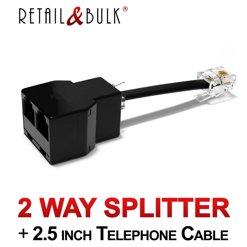 [Australia - AusPower] - Phone Jack Splitter for Landline Telephone RJ11 6P4C 2-Way in-Line or in-Wall Duplex Adapter (1 Splitter + 2.5 Inch Cable) Made in USA w/ 2.5 inch Cable Black 1 