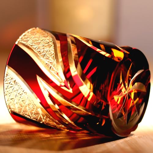 JINZHI Hand-Cut Japanese Edo Kiriko Whisky Glass - Artisanal Colored Crystal Craft Cocktail Glass for Bourbon, Scotch, Old Fashioned - Luxury Barware Gift