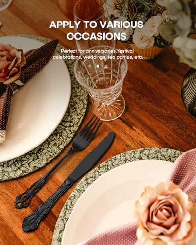 Stapava 20 Pcs Black Silverware Set, Gorgeous Retro Royal Silverware Set for 4, Stainless Steel Mirror Flatware Cutlery Set, Include Forks Spoons and Knives Set, Dishwasher Safe Utensils Retro Royal Black