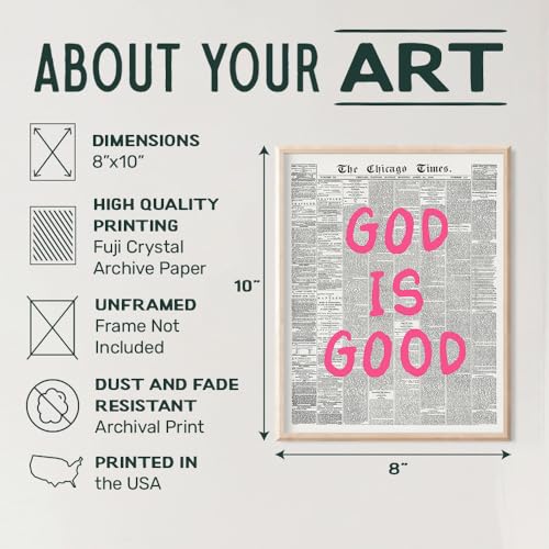 God is Good Preppy Christian art - Inspirational Teen Room Decor Aesthetic - Girls Bedroom Decor - Quirky Spiritual Home Print - Cute Trendy, Funky Wall Art for Women, Pink Girly Wall Picture 8"L x 10"W Unframed