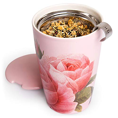 Tea Forte Double-Walled Ceramic Kati Cup, Removable Stainless Steel Infuser Basket and Lid, Steeps 12 oz Loose Leaf Tea, Dishwasher & Microwave Safe, Jardin