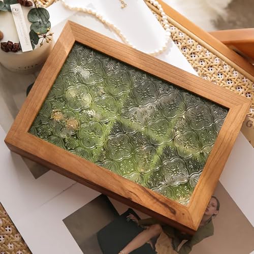 Wooden Jewelry Box with Glass Lid, Multi-Compartment Jewelry Display Case, Green Velvet Lining, Cherry Wood
