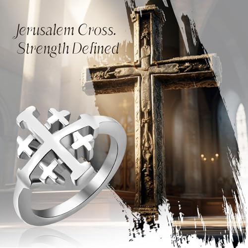Flongo Men’s Jerusalem Cross Ring: Gold Christian Signet Ring Religious Jewellery Knights Templar Symbol Faith Strength Courage Gift for Men Church Baptism Easter Christmas Religious Style - Size 8 Silver&10