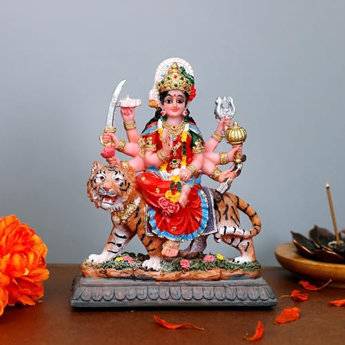 BangBangDa Durga for Car Decor– 4.1" H Small Durga on Tiger Statue for Car Dashboard Hindu Goddess Father’s Day Mother’s Day Diwali Birthday Gifts for Indian People Altar Pooja Item