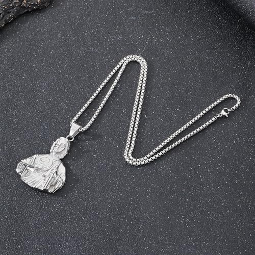Religious Protection St. Jude Pendant Necklace - Titanium Steel Gold/Silver Tone Hip Hop Cuban Chain, Christian Saint Jewelry for Men Women Silver