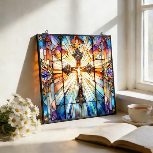 Stained Glass Cross Suncatcher Christian Stained Glass Windows Panel Jesus Cross Gift for Religious Easter Faith Christian Gifts Religious Home Decor I