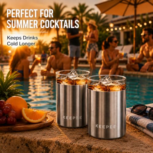 Whiskey Glasses Set of 2, Insulated Tumbler with Removable Glass Insert, Insulated Cocktail Glass, Old Fashioned Lowball for Margaritas, Bourbon, Whiskey, 10oz, Stainless Steel