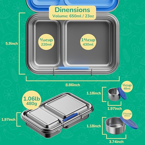 AOHEA Stainless Steel Lunch Box for Kids, Leak Proof Bento Lunch Box BPA Free 304 Stainless Steel Bento Box Stainless Bento Box with Containers for School and Office(Green) Green