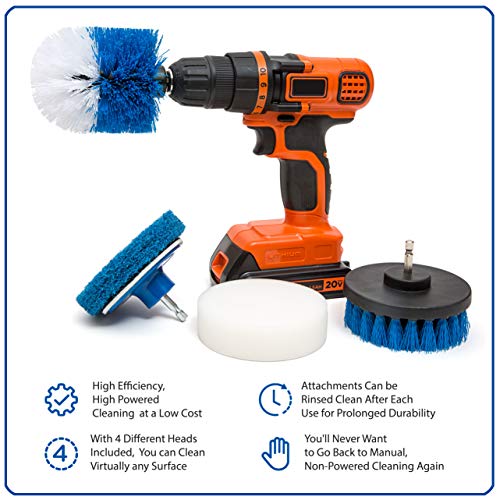 RevoClean 4 Piece Scrub Brush Power Drill Attachments-All Purpose Time Saving Kit-Perfect for Cleaning Grout, Tile, Counter, Shower, Grill, Floor, Kitchen, Blue & White 1