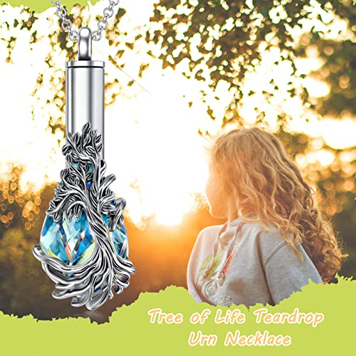 Teardrop Tree Of Life Urn Necklace for Ashes for Women Sterling Silver Cremation Memorial Crystal Jewellry with Funnel Filler