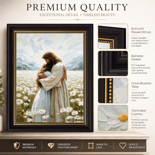 FKRYTYB Vintage Brown Framed Jesus Hugging Girl Canvas Wall Art 12x16in Jesus Embrace 16"L x 12"W