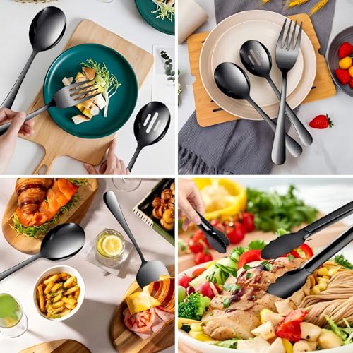 14PCS Serving Utensils - Hostess Serving Utensils Set, Premium Stainless Steel 8.7 inch Serving Utensils, Slotted Spoons, Forks, Tongs, Cake Pie Server for Buffet, Wedding, Dinner (Black) Black