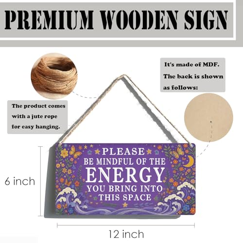 Spiritual Wall Decor Positive Energy Sign - Please Be Mindful of the Energy You Bring Sign -Good Vibes Only Signs Zen Decor for Home, Yoga Room, Meditation Space, Bedroom Door Hanging Signs 12x6 Inch