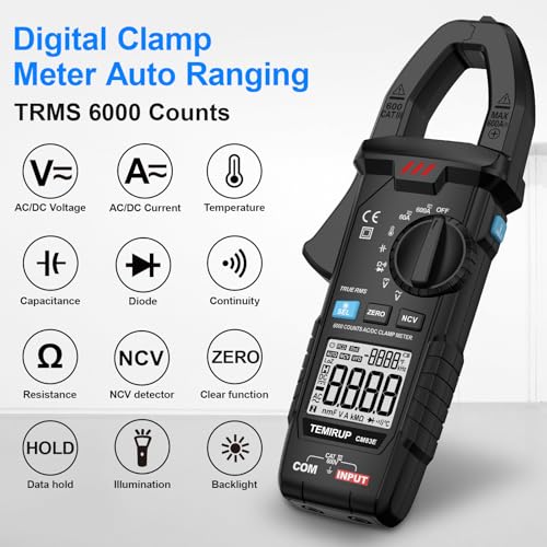Temirup black 600A AC/DC TRMS clamp meter with 6000-count digital multimeter display