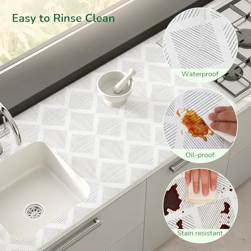 Gray shelf drawer liners by Insigoo, non-adhesive, for kitchen cabinets, measuring 17.5 inches by 20 feet in length.