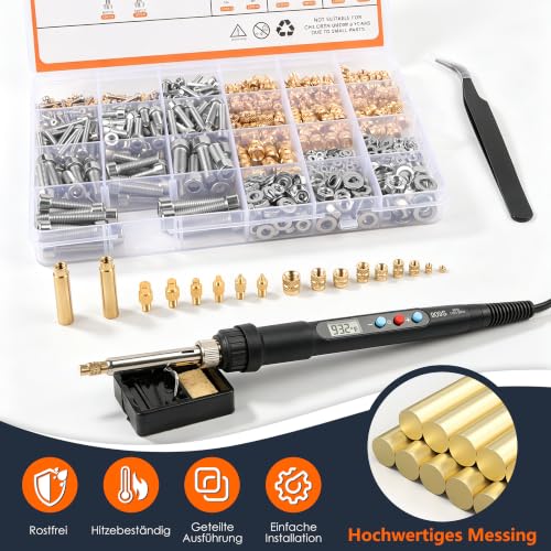 900 Stk Gewindeeinsätze Lötspitzen Set mit Schrauben, Muttern und Unterlegscheiben, Lötpistole & 6 Lötspitzen & 2 Adapter, Lötkolbenständer & Pinzette, M2-M6 Gewindeeinsätze für 3D-Druck
