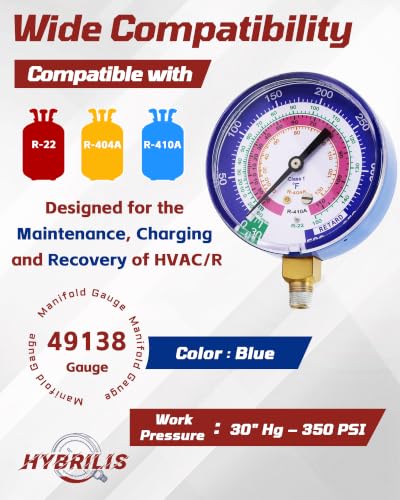 Hybrilis 49138 manifold gauge with 3-1/8-inch HVAC pressure gauges for R-22, R-404A, and R-410A