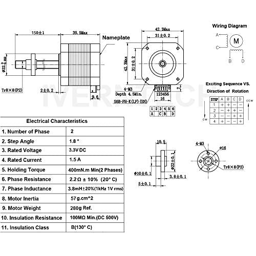 NEMA 17 Stepper Motor with Integrated 150mm T8 Lead Screw 150 MM Shaft