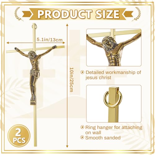Leinuosen 2 Pcs Metal Wall Crosses Crucifix Catholic Home Decor, Shiny Gold