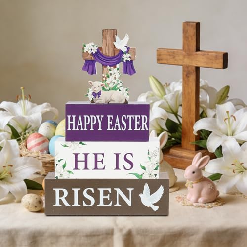4 Pcs He Is Risen Wooden Table Sign Christian Table Centerpiece Religious Cross Easter Tiered Tray Decor Rustic Farmhouse Wooden Stack Block Signs for Home Kitchen Shelf