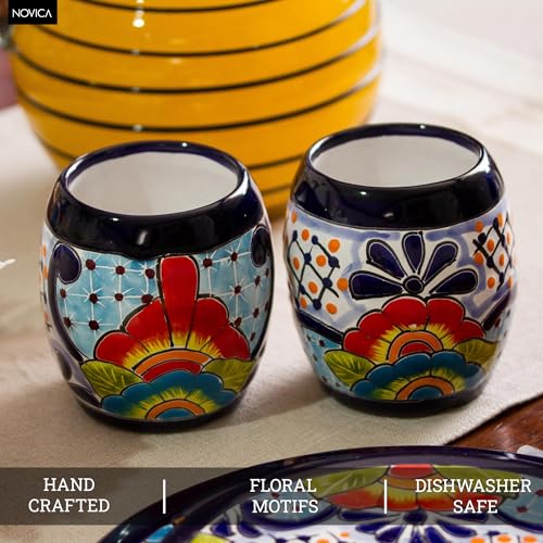 NOVICA Artisan Handmade Ceramic Juice Talavera from Mexico Multicolor Tableware Drinkware Tumbler Water Cocktail Hacienda 'Raining Flowers'(Pair)