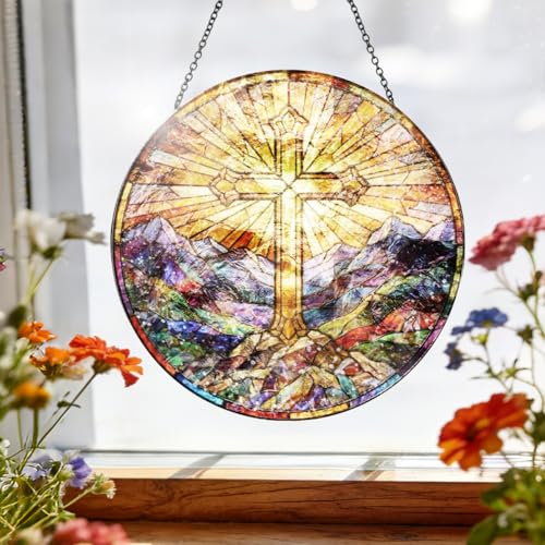 Christian Cross Stained Glass Window Hanging - Mountain Landscape Religious Sun Catcher with Chain, Round Glass Ornament for Home Garden Window Decor Gift, 8 Inch Mountain Landscape Cross