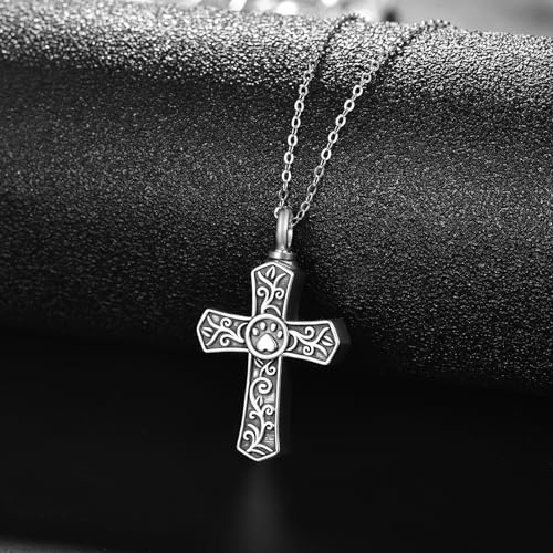 TANGPOET Cross Ashes Necklace 925 Sterling Silver Black Urn Necklace, Cremation Jewelry for Ashes Pendant, Gifts for Men Women Dog Paw